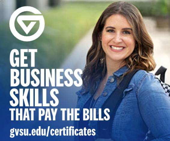 Student with the words "Get business skills that pay the bills"